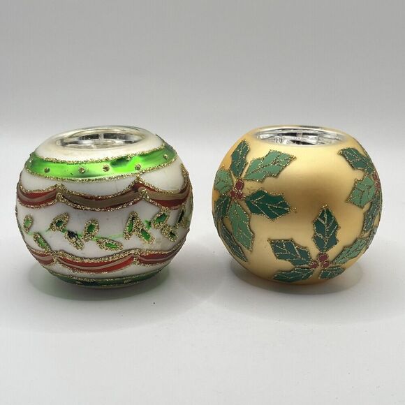 2 Ornament 3" Ball Tea Light (Inc) Candle Holders Gold Frosted Glass Glitter Vtg - Picture 4 of 6